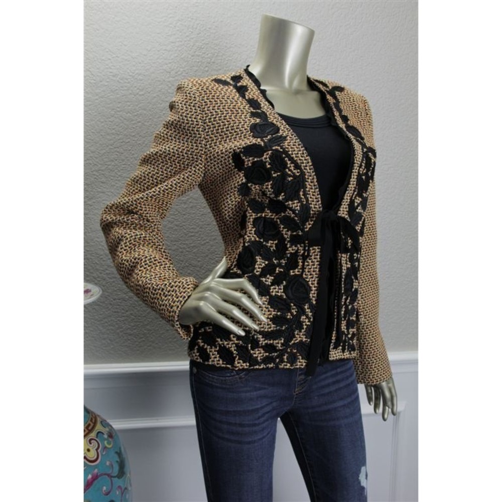 Etro Black and Beige Cropped Knit Blazer with Floral Appliqué